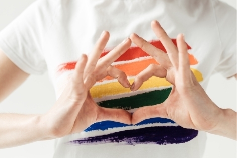 white tshirt with rainbow colours across in and heart on front